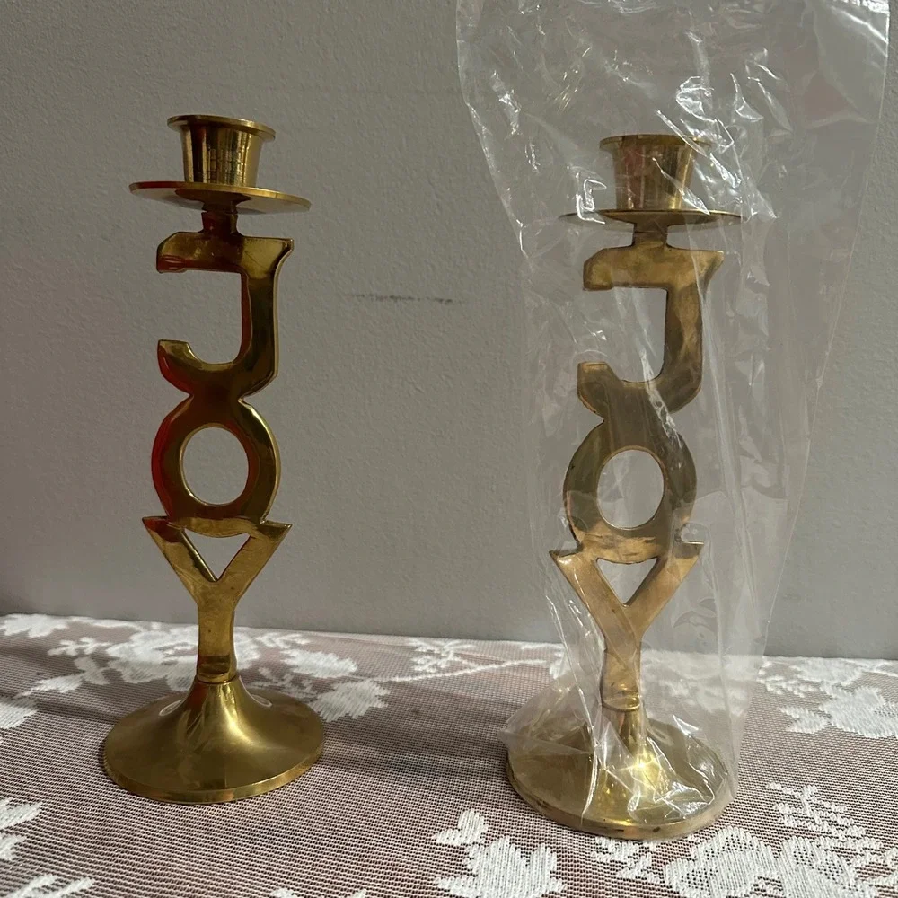 International Silver Co Brass Joy Candle Holders Set of 2 Vintage Christmas‎